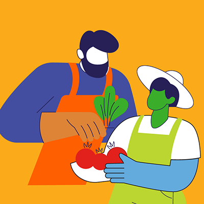 An illustration on an ochre background of two people in aprons with a bow of carrots and tomatoes.