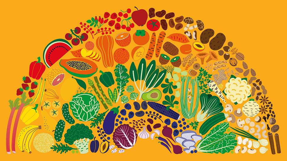 An illustration on an ochre background of a rainbow of fruits and vegetables to represent Pride.