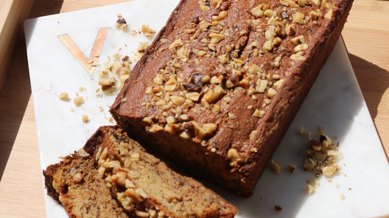Overhead shot of chocolate banana bread for Queer Food Foundation