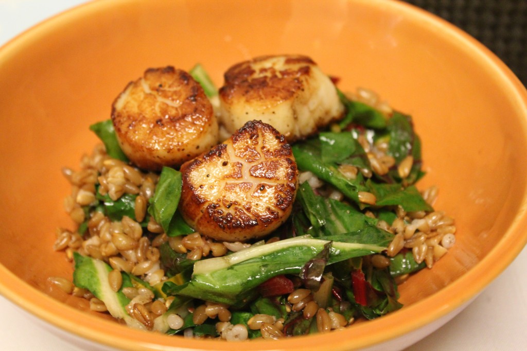Seared scallops, braised rainbow chard and cipollini onions with toasted whole grain emmer farro, finished with Siegerrebe wine