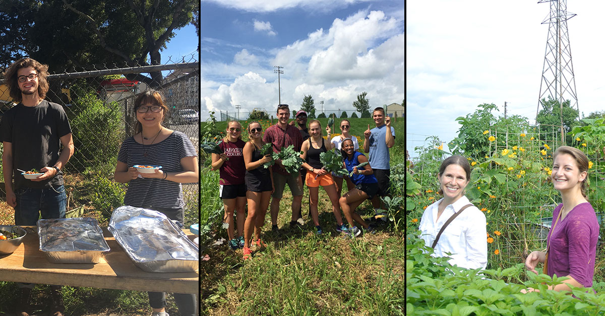 Students serving food and gathered at a farm