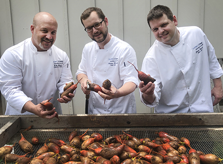 Emory - Oxford General Manager Duke Walsh and Sous Chefs Matt Meldrum and Jason Dumek with just-harvested Badger Flame beets