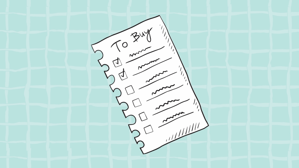 A graphic of a shopping list with a light blue background and lattice pattern