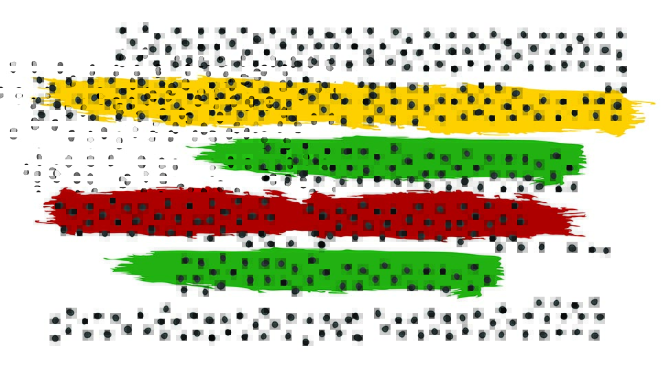 Black dots on a white background with paint brush strokes of yellow, green, and red