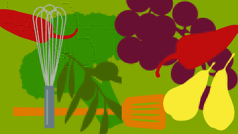 An artistic assortment of vegetables, pears, broccoli, chili peppers, and cooking implements