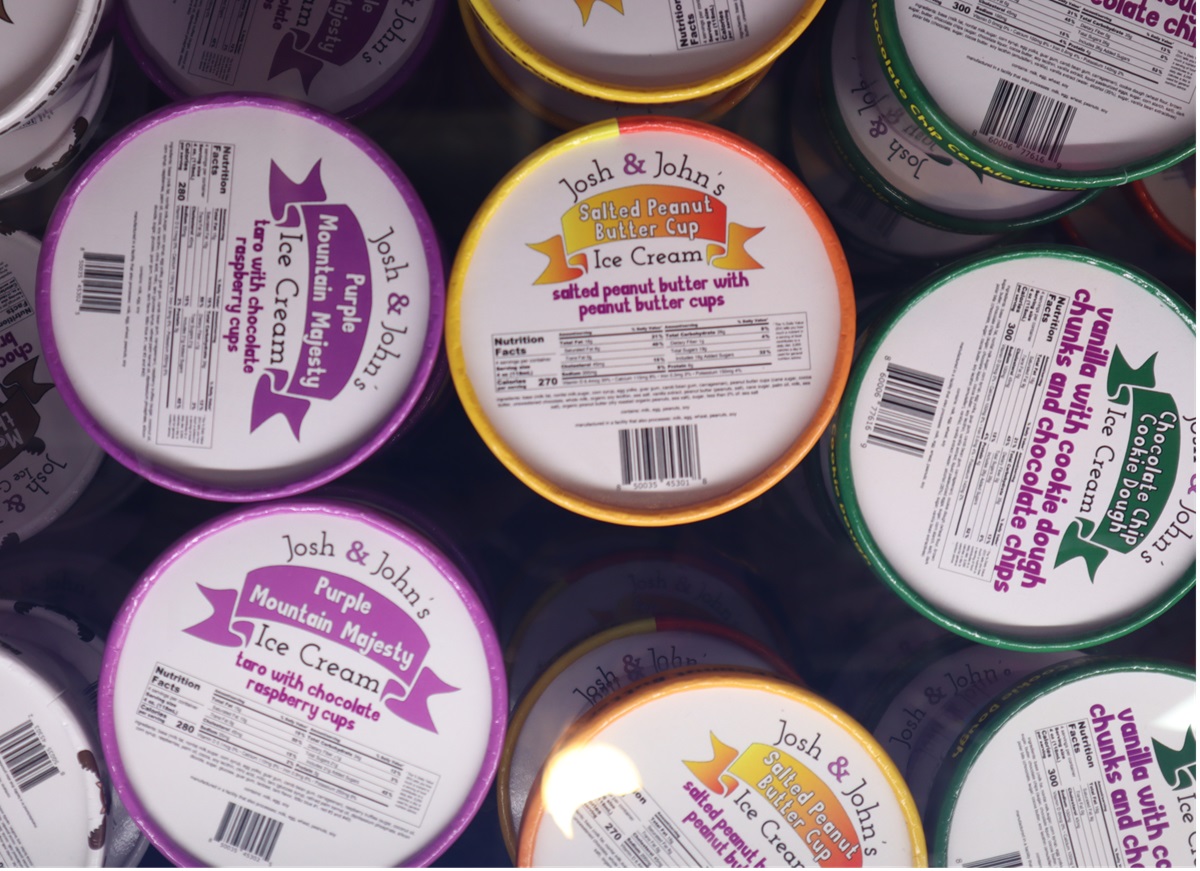 An overhead shot of rows of pints of ice cream