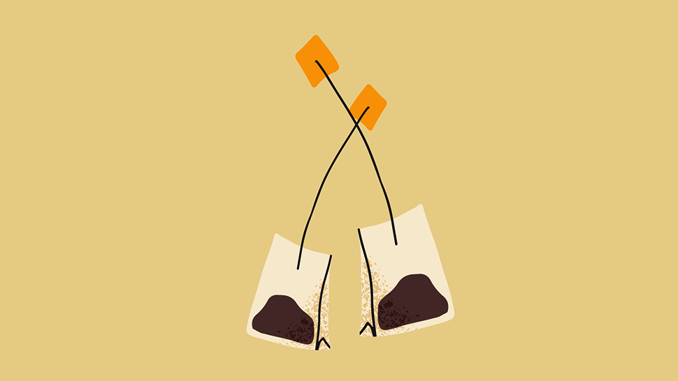 An illustration of two teabags with orange tags on a yellow background