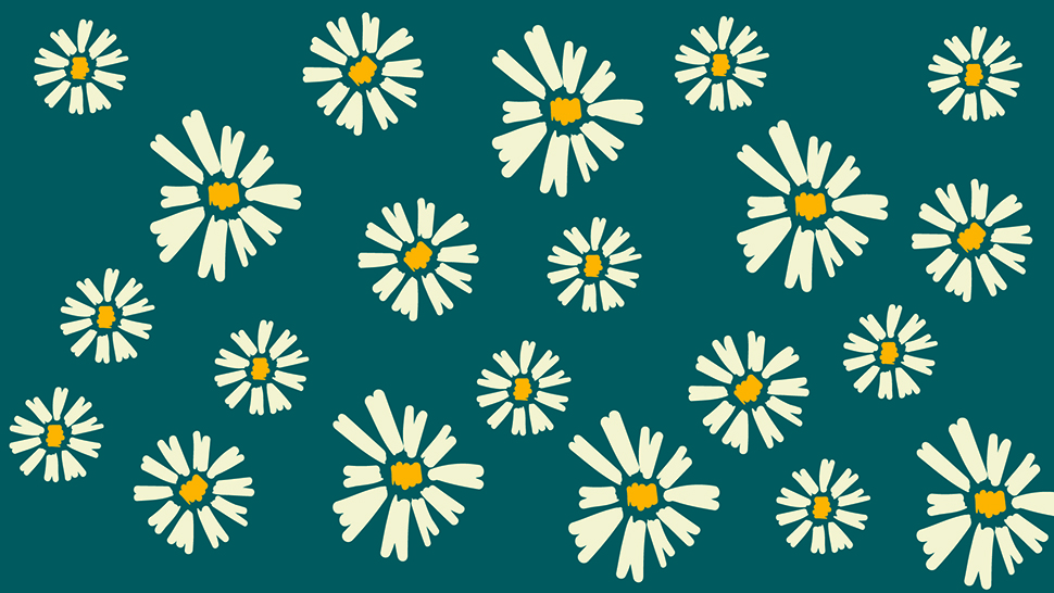 A graphic pattern of daisies on a dark green-blue background