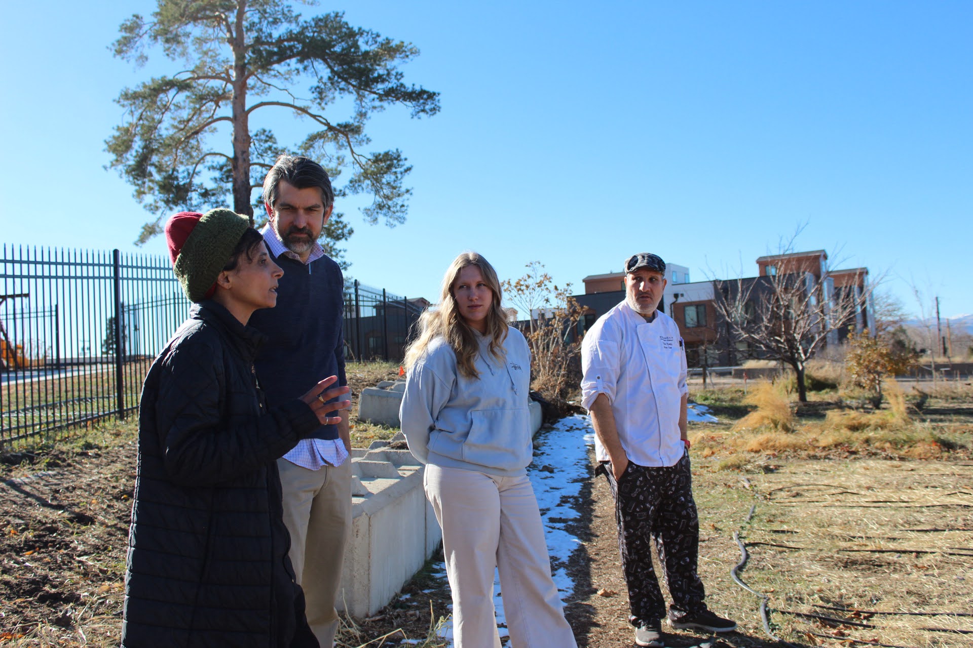 Four people stand talking in an outoor setting against a blue sky. 