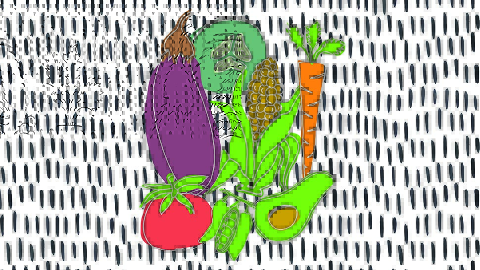 An illustration of a grouping of vegetables in bright primary colors with a white and black background