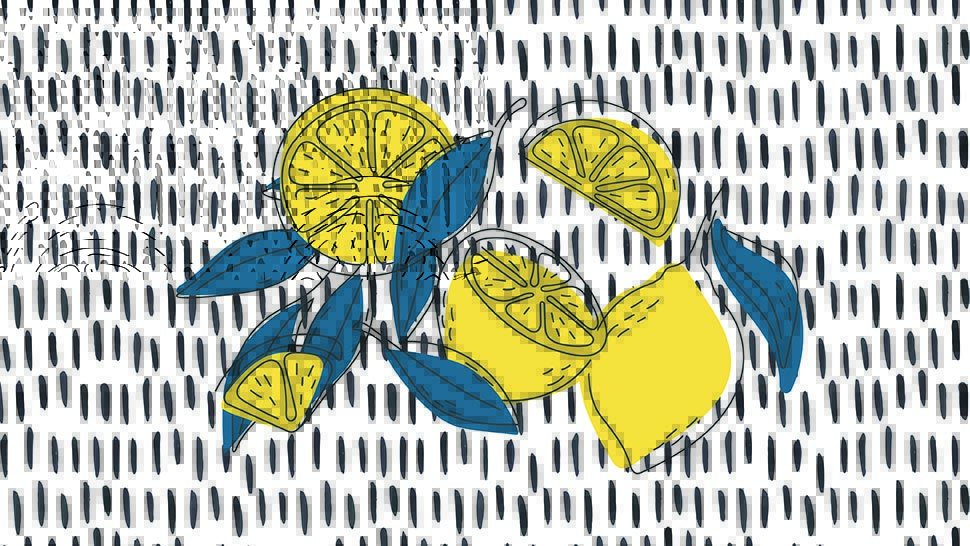 An illustration of a group of whole and cut lemons on a hite and black background 